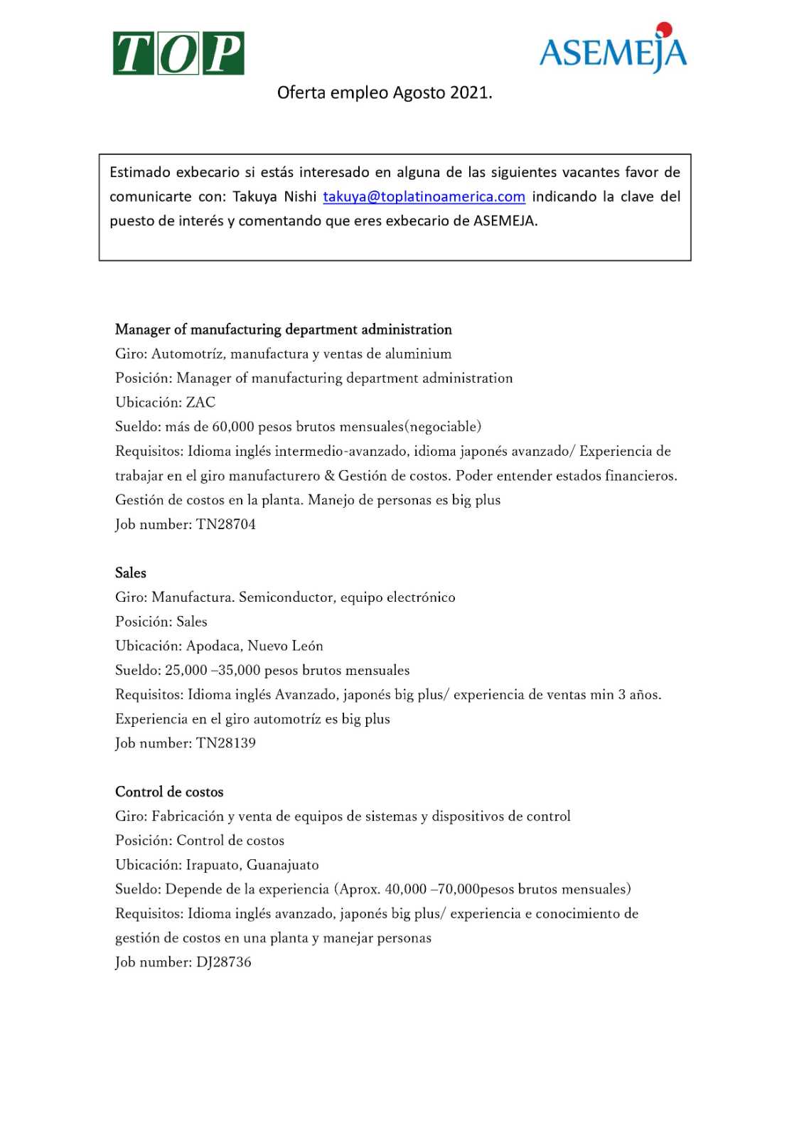 Oferta de Empleo Agosto 2021