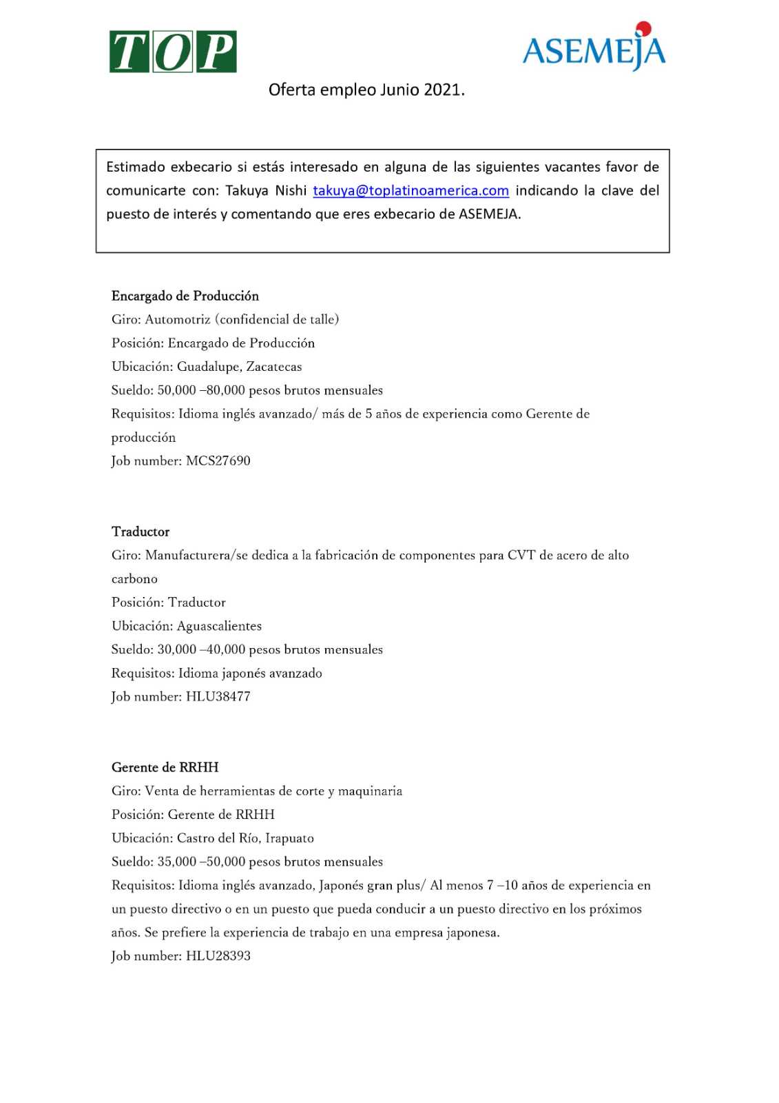 Oferta de Empleo Junio 2021