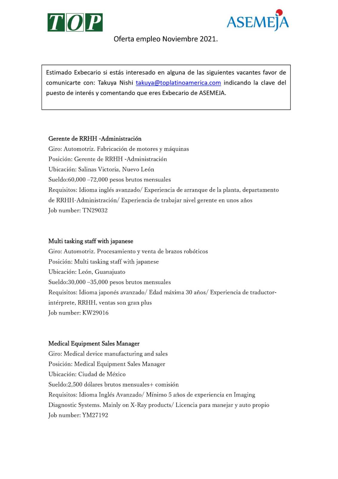 Oferta de Empleo Noviembre 2021