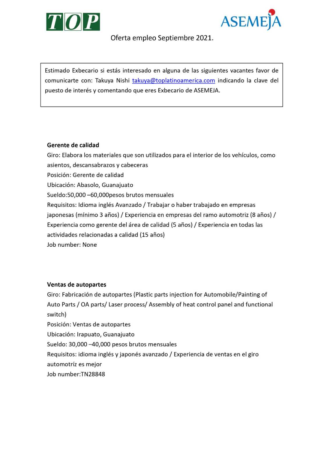 Oferta de Empleo Septiembre 2021