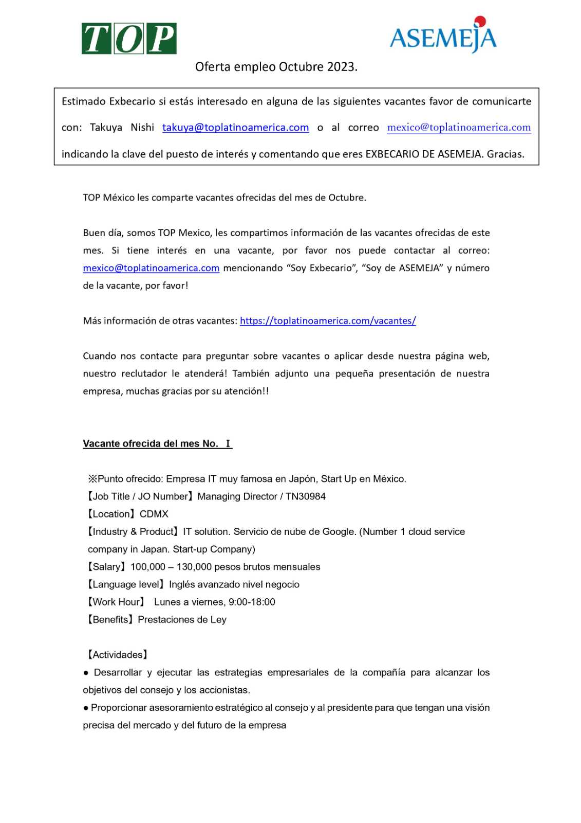 Oferta de Empleo de Octubre 2023